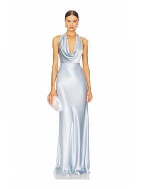 Sau Lee Pearl Strapless Satin Cowl Neck Evening Gown - Light Pastel Blue